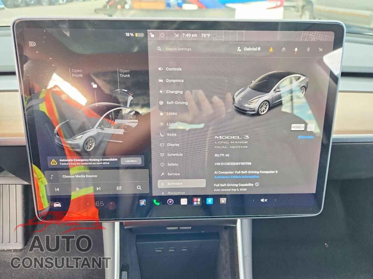 TESLA MODEL 3 2019 - 5YJ3E1EB1KF191799