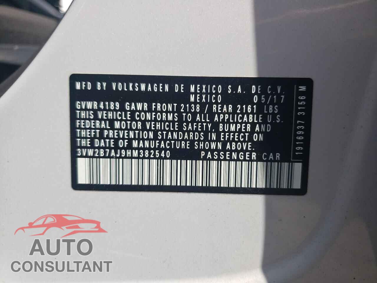 VOLKSWAGEN JETTA 2017 - 3VW2B7AJ9HM382540