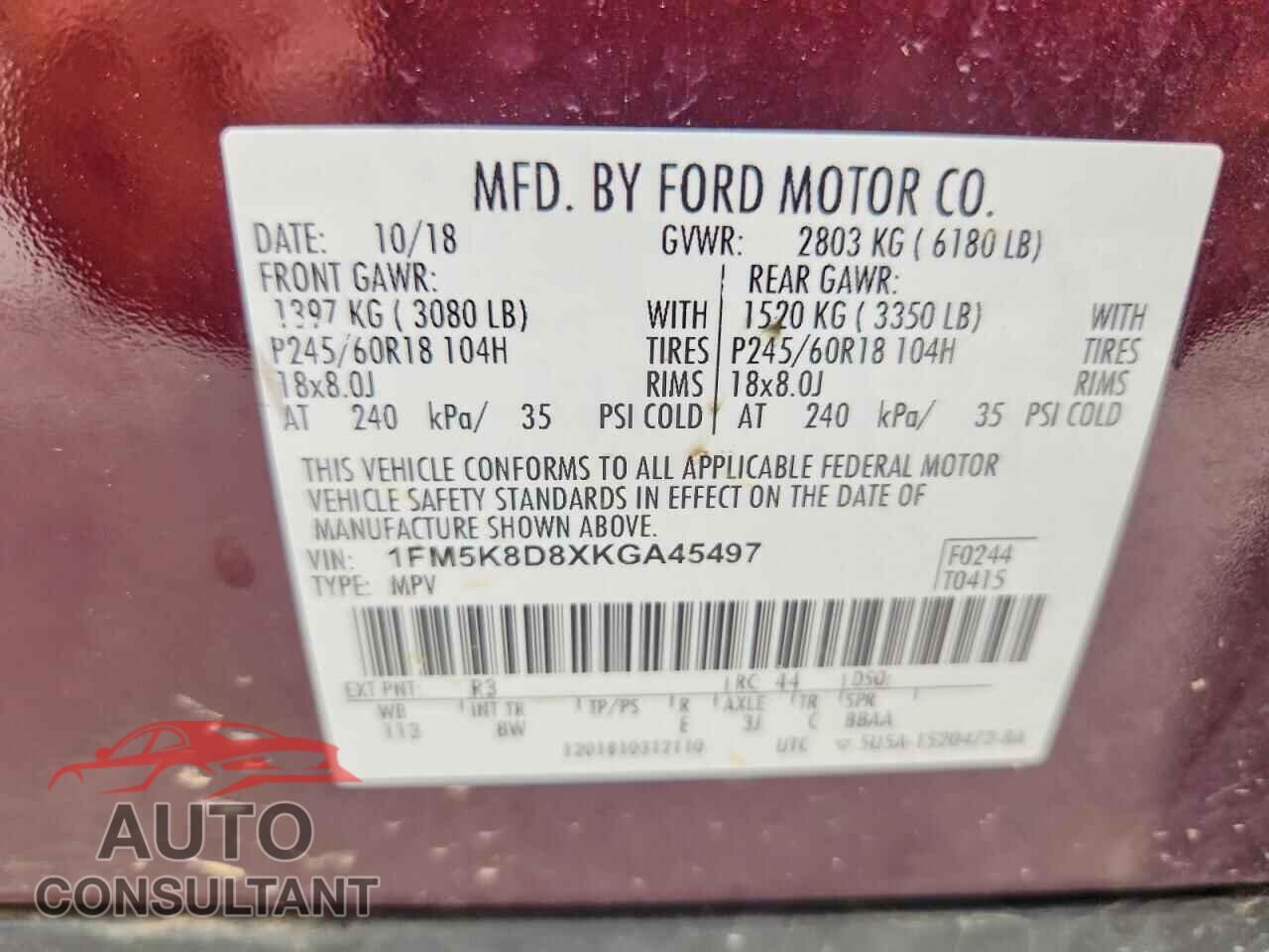FORD EXPLORER 2019 - 1FM5K8D8XKGA45497
