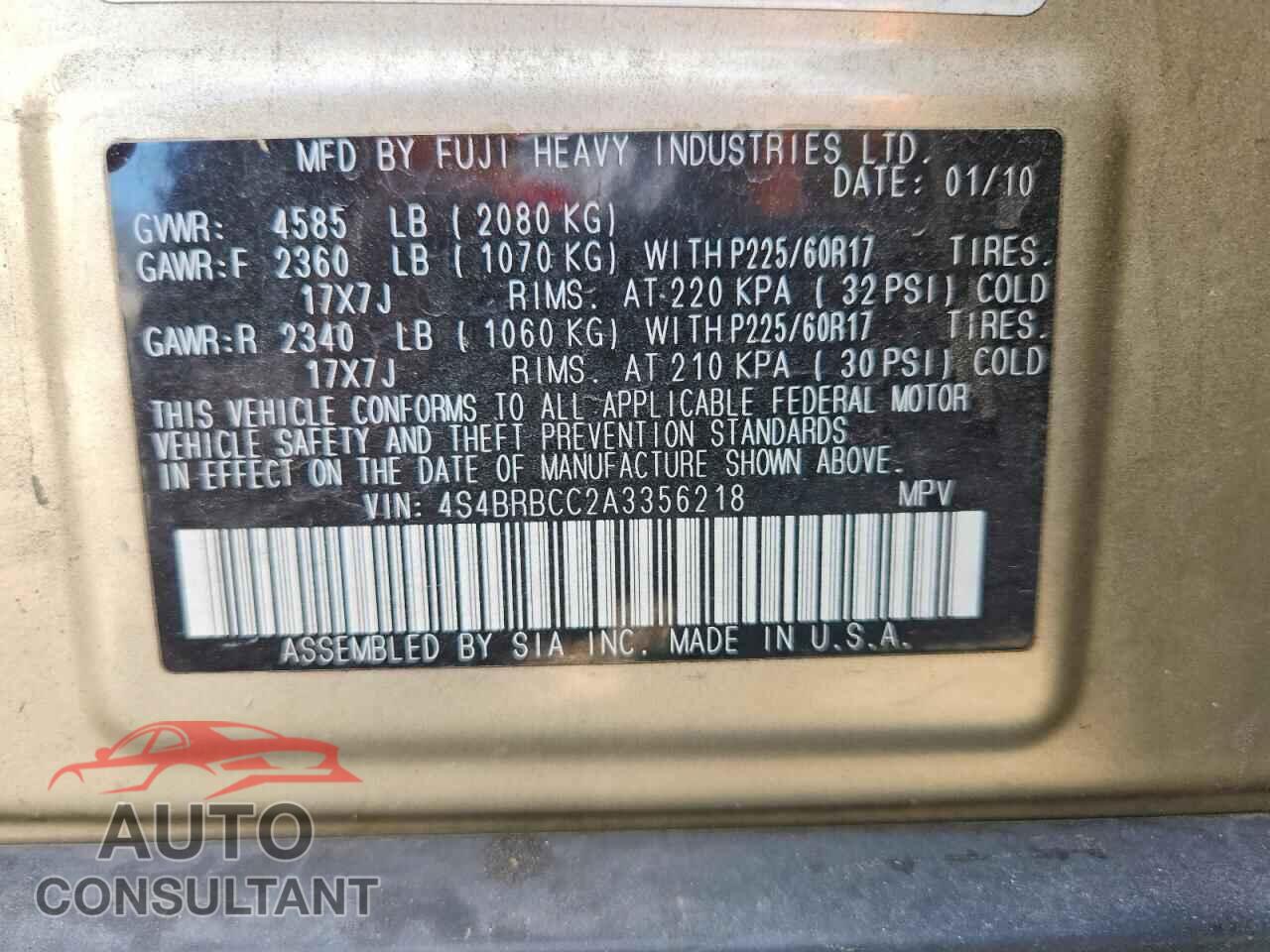 SUBARU OUTBACK 2010 - 4S4BRBCC2A3356218