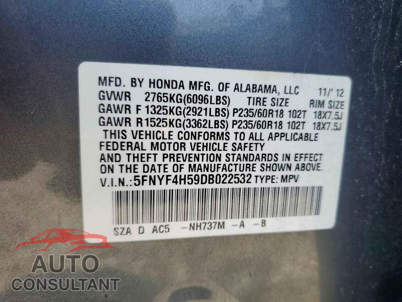 HONDA PILOT 2013 - 5FNYF4H59DB022532