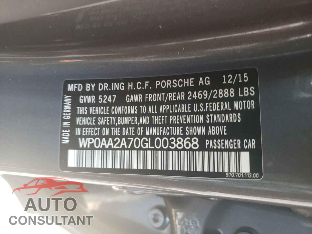 PORSCHE PANAMERA 2016 - WP0AA2A70GL003868
