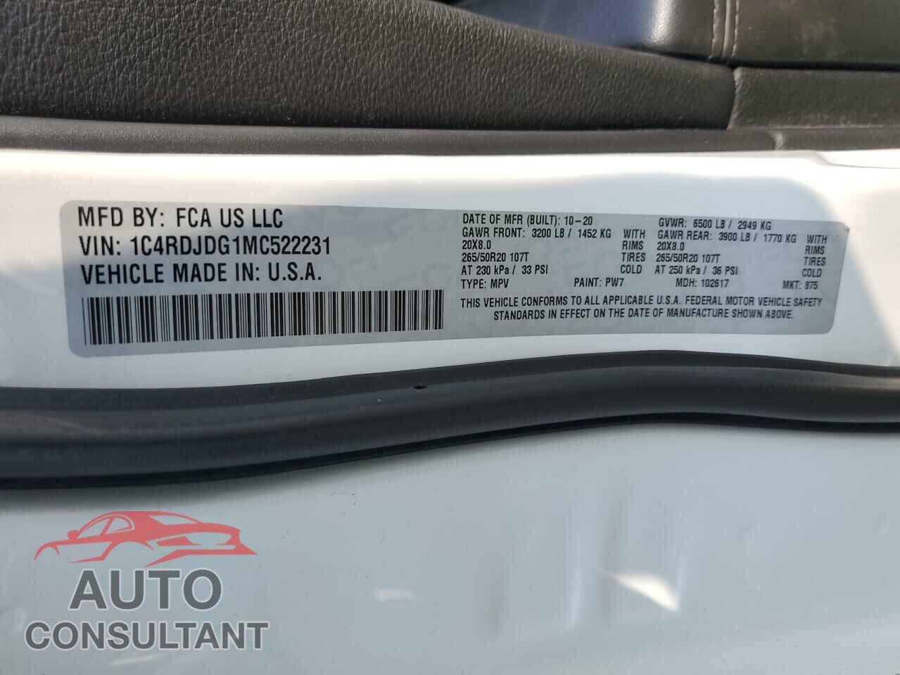 DODGE DURANGO 2021 - 1C4RDJDG1MC522231