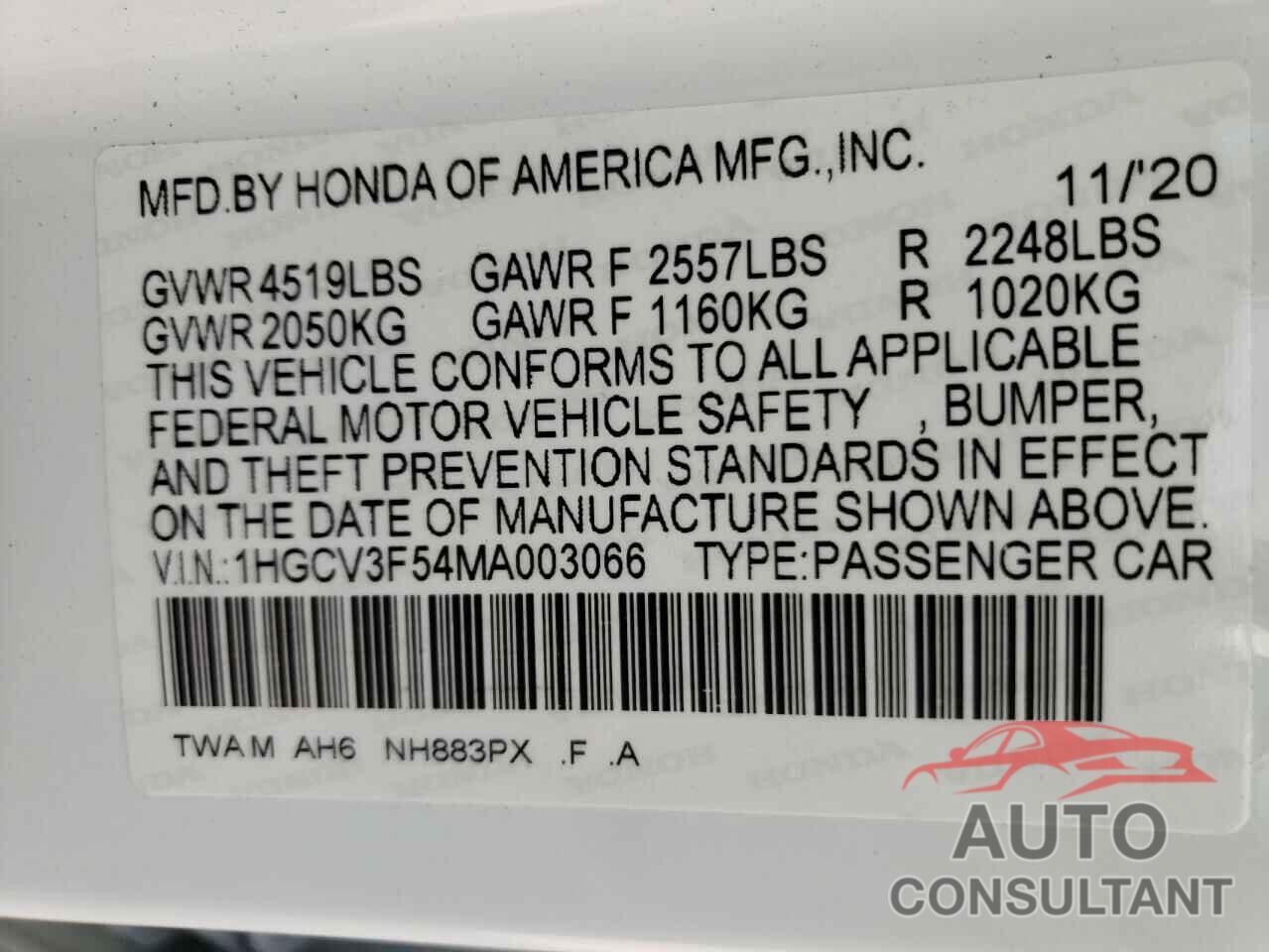 HONDA ACCORD 2021 - 1HGCV3F54MA003066