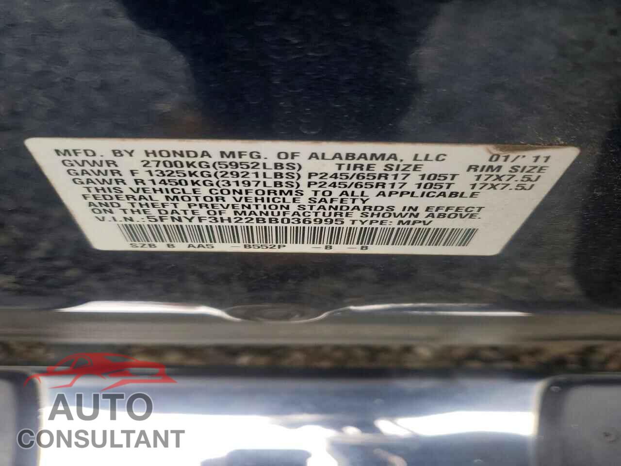 HONDA PILOT 2011 - 5FNYF3H22BB036995