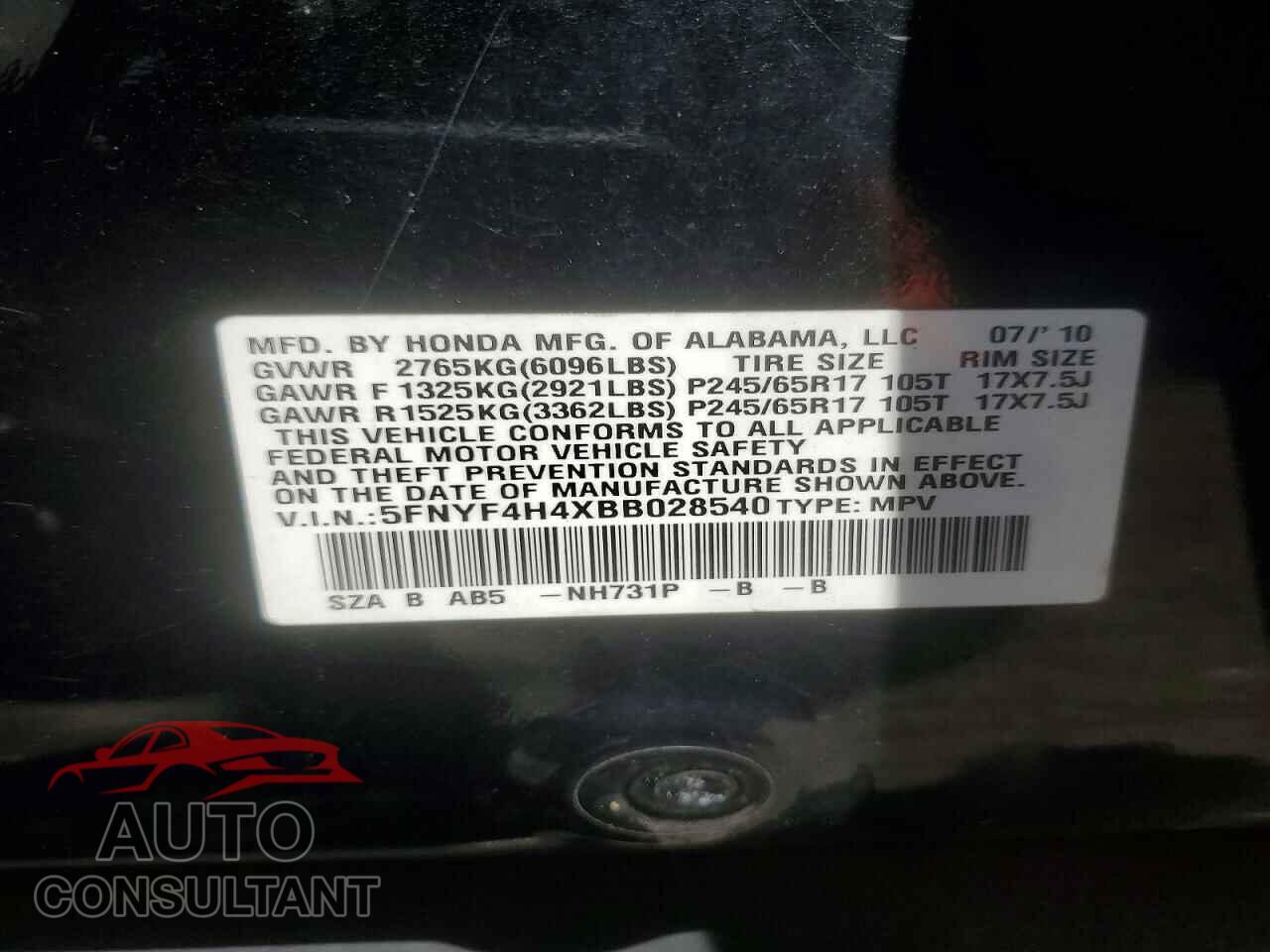 HONDA PILOT 2011 - 5FNYF4H4XBB028540