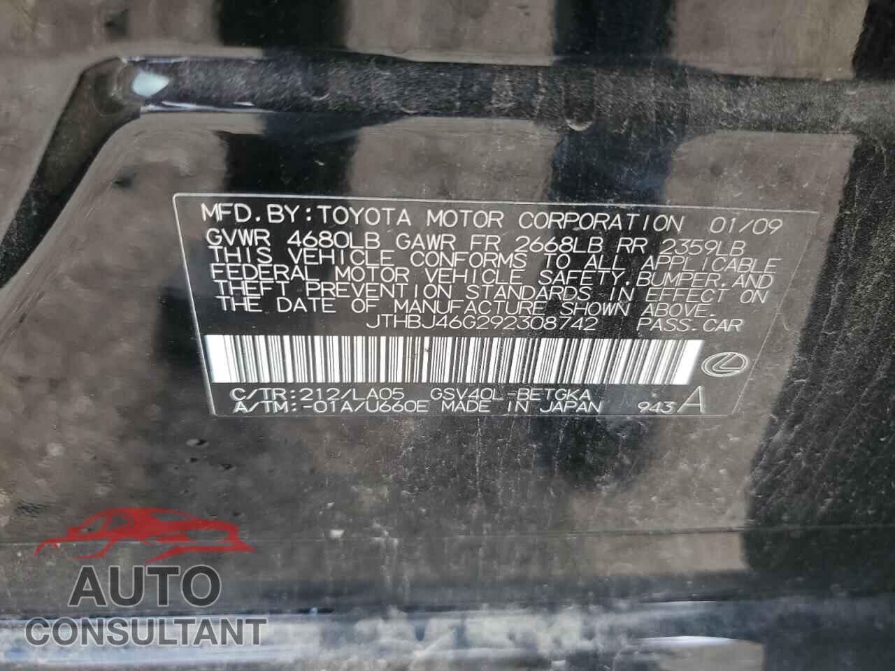 LEXUS ES350 2009 - JTHBJ46G292308742