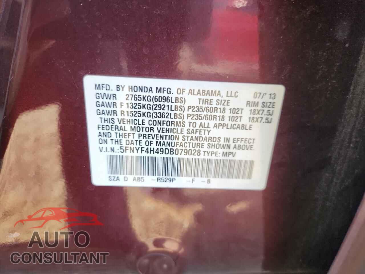 HONDA PILOT 2013 - 5FNYF4H49DB079028