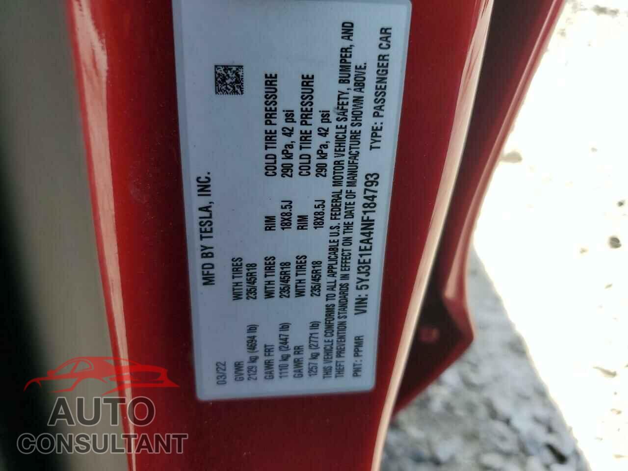TESLA MODEL 3 2022 - 5YJ3E1EA4NF184793