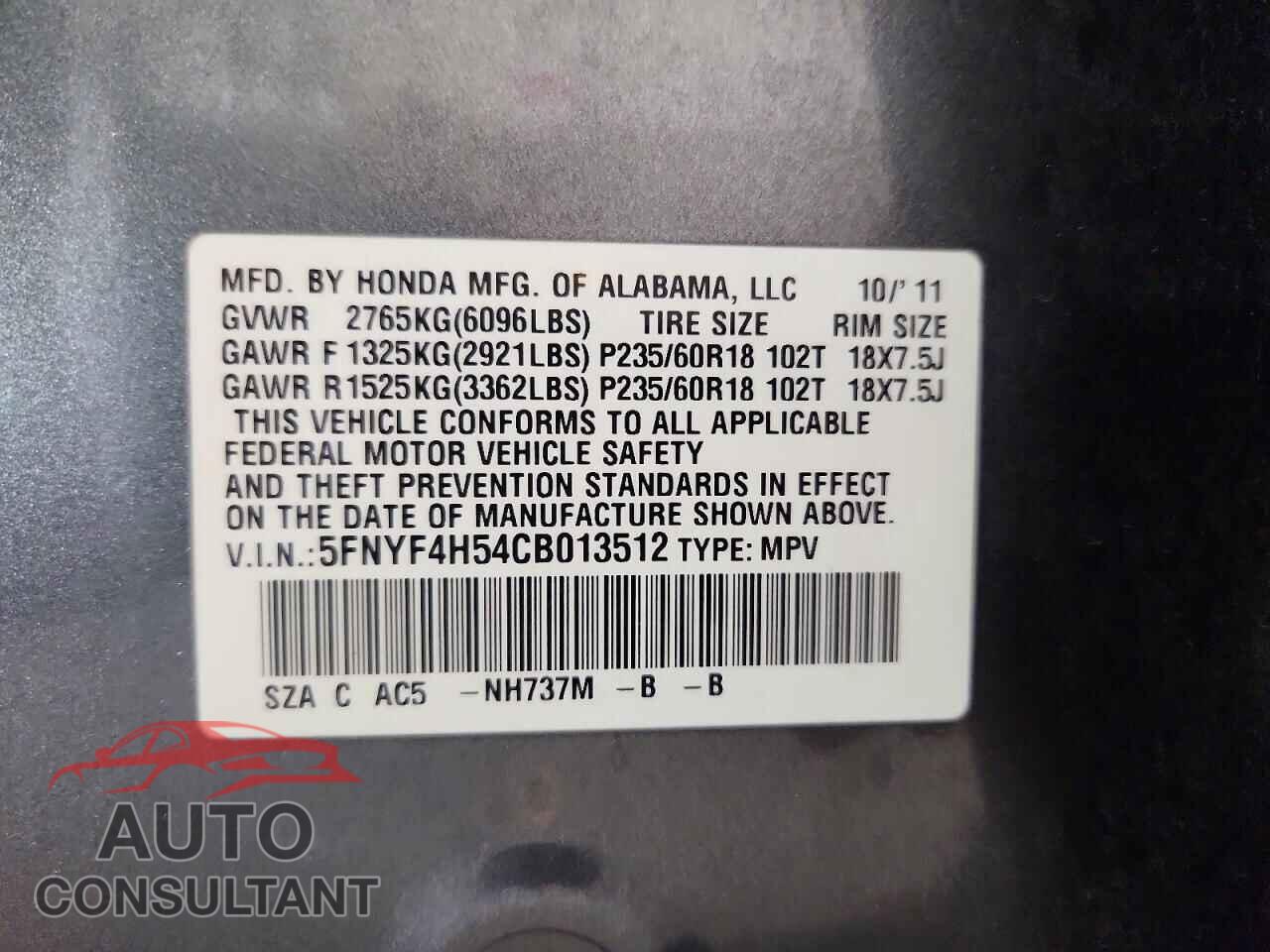 HONDA PILOT 2012 - 5FNYF4H54CB013512