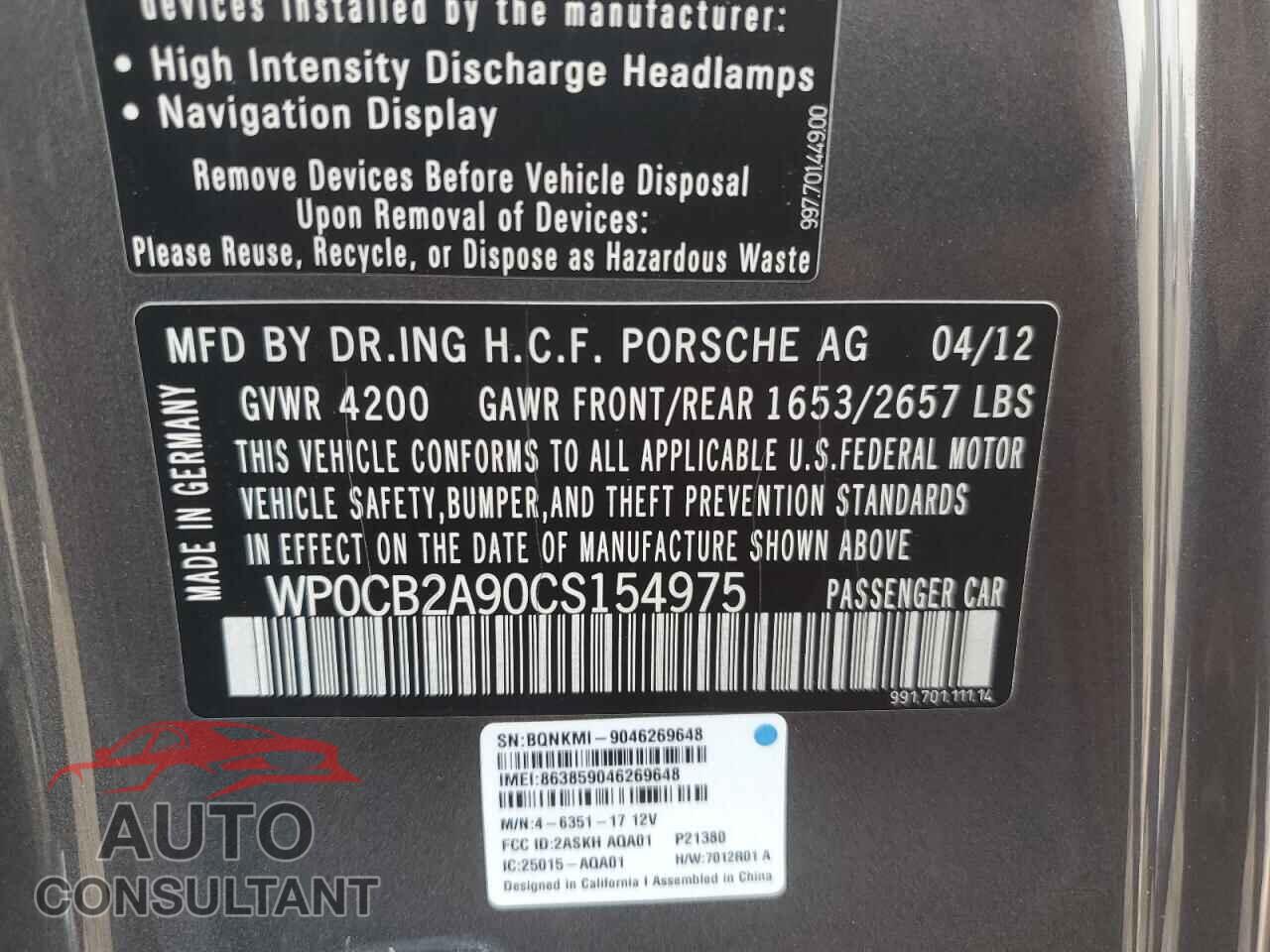 PORSCHE 911 2012 - WP0CB2A90CS154975