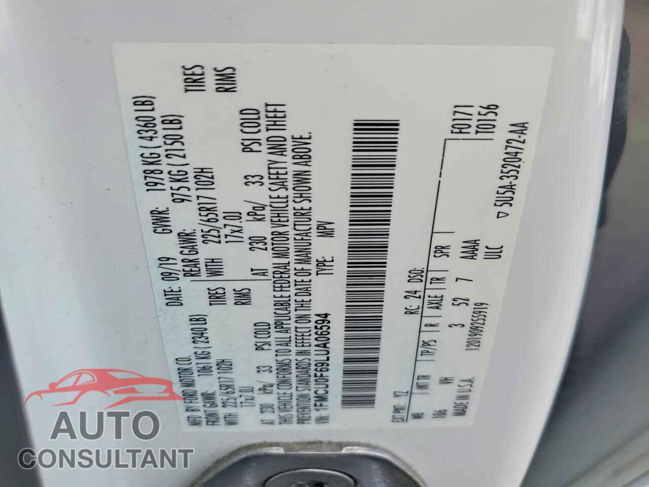 FORD ESCAPE 2020 - 1FMCU0F69LUA06594