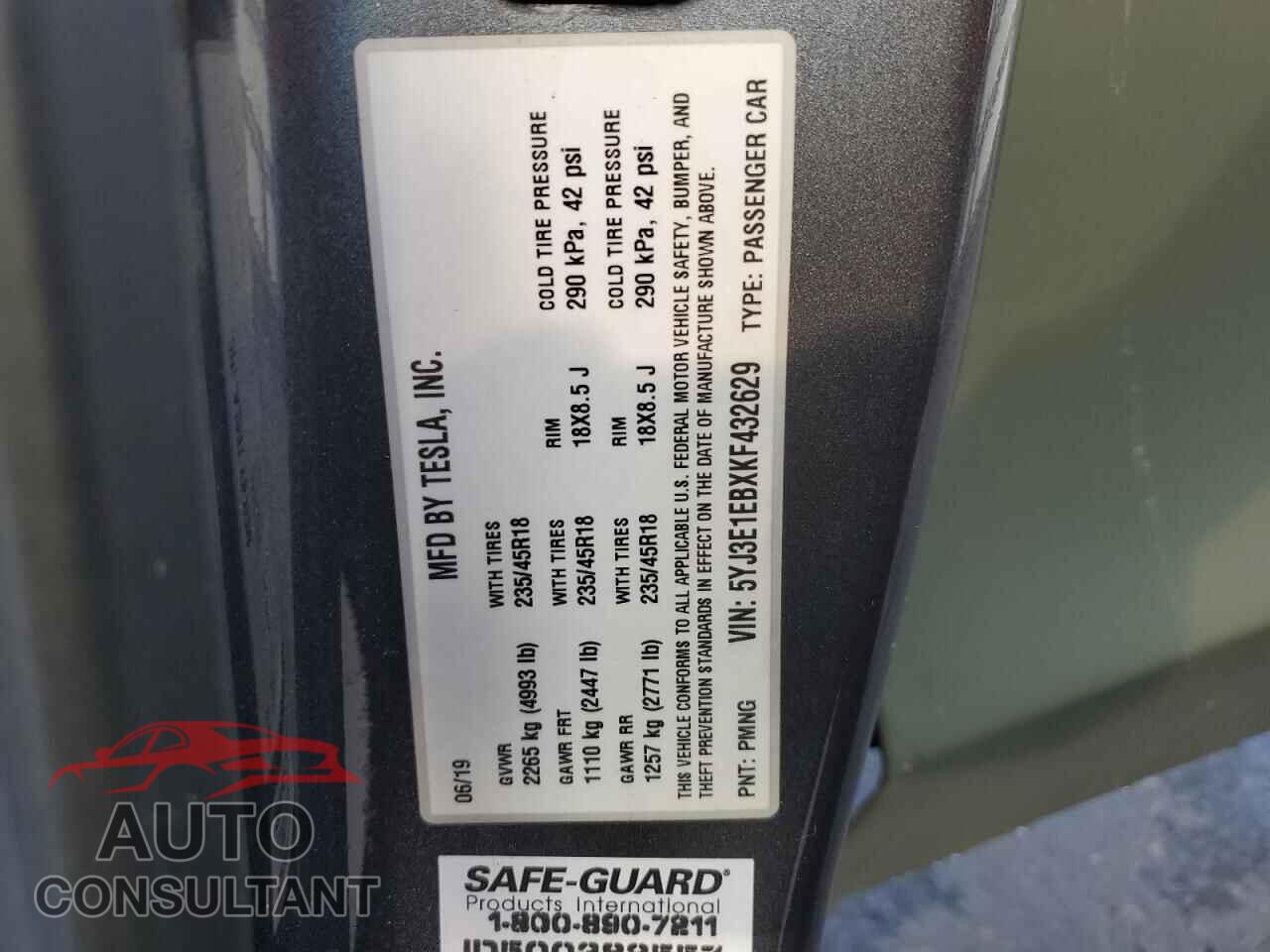 TESLA MODEL 3 2019 - 5YJ3E1EBXKF432629