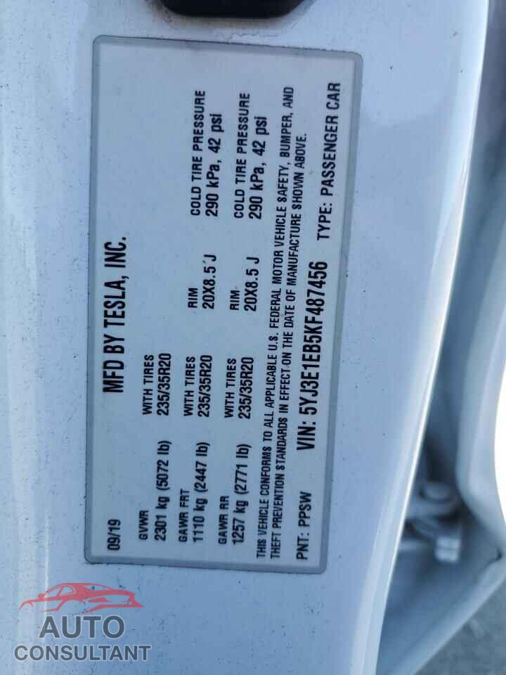 TESLA MODEL 3 2019 - 5YJ3E1EB5KF487456