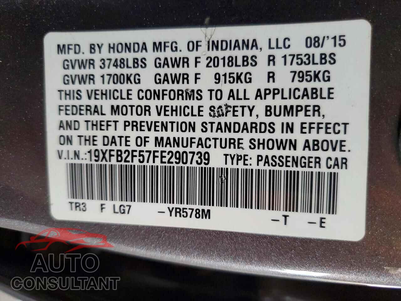 HONDA CIVIC 2015 - 19XFB2F57FE290739