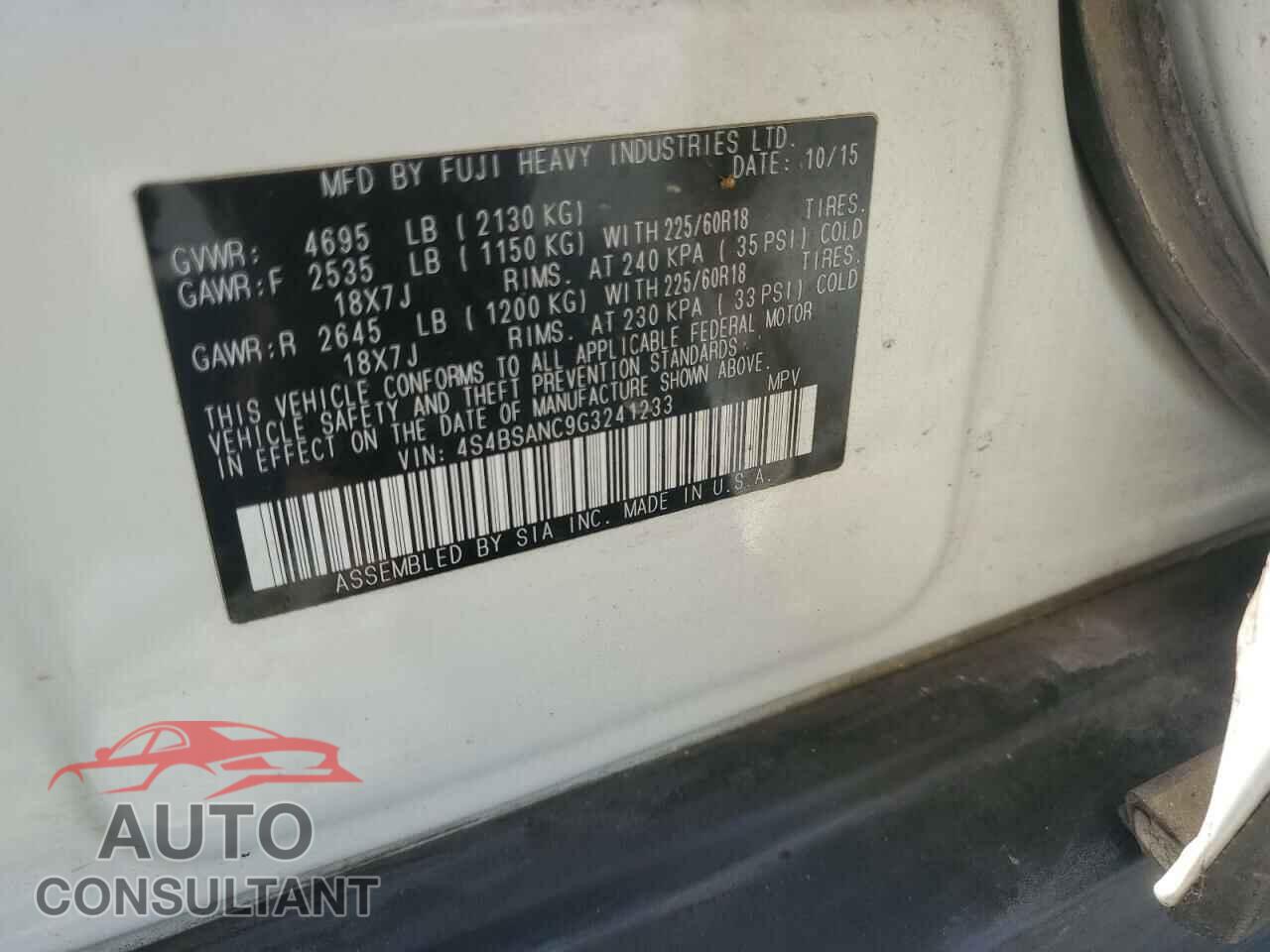 SUBARU OUTBACK 2016 - 4S4BSANC9G3241233
