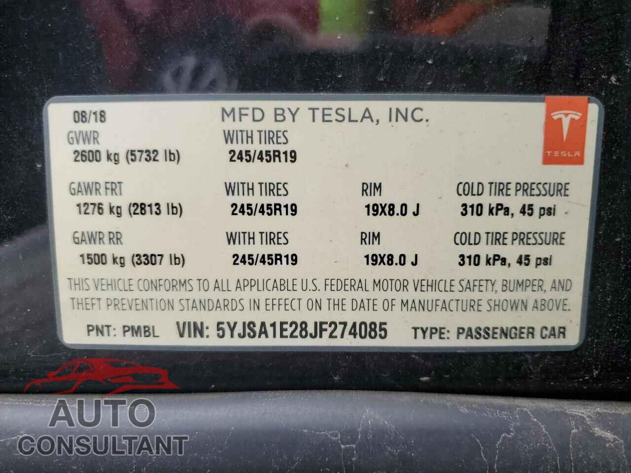 TESLA MODEL S 2018 - 5YJSA1E28JF274085