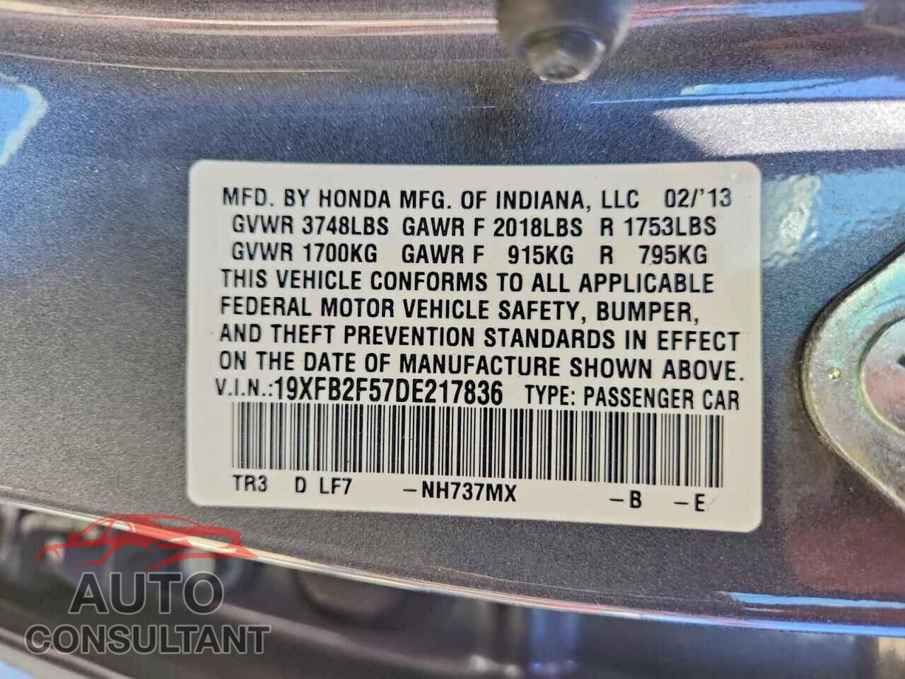 HONDA CIVIC 2013 - 19XFB2F57DE217836