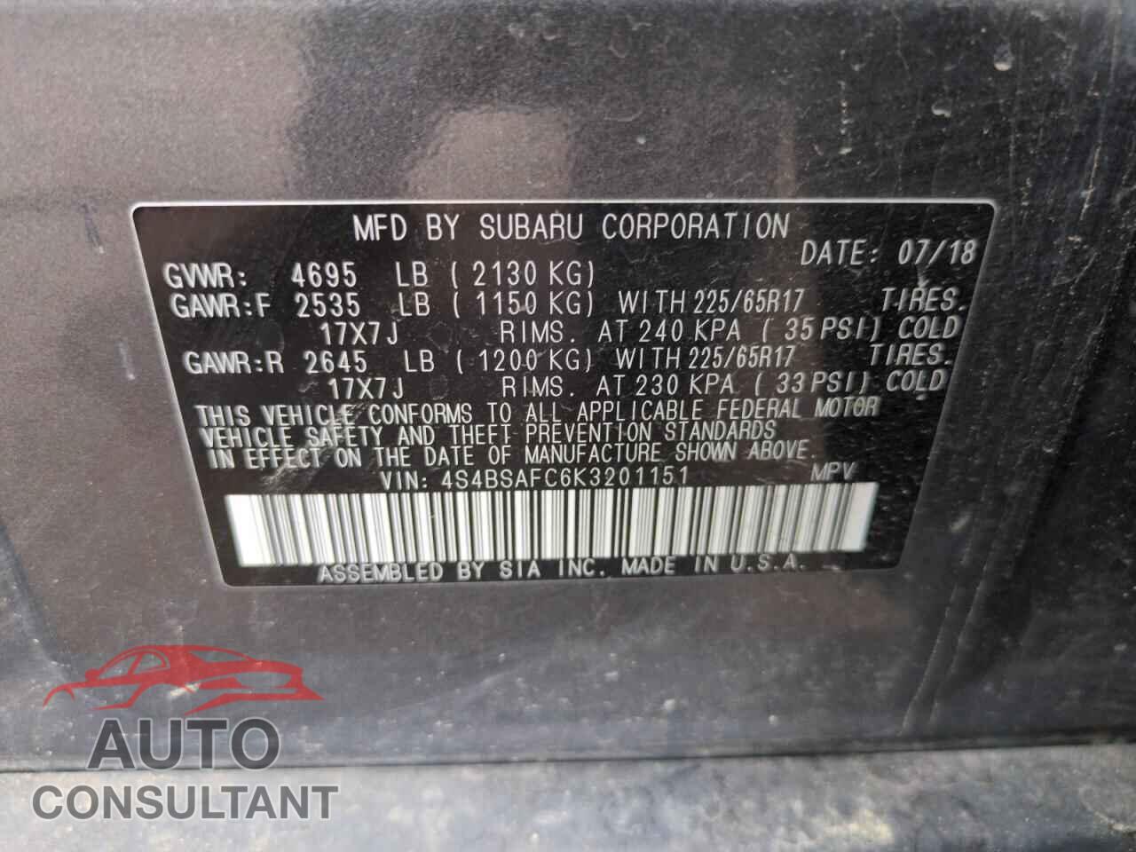 SUBARU OUTBACK 2019 - 4S4BSAFC6K3201151