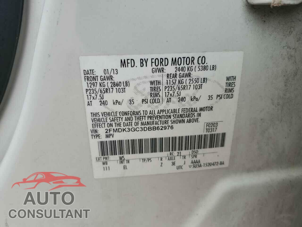 FORD EDGE 2013 - 2FMDK3GC3DBB62976