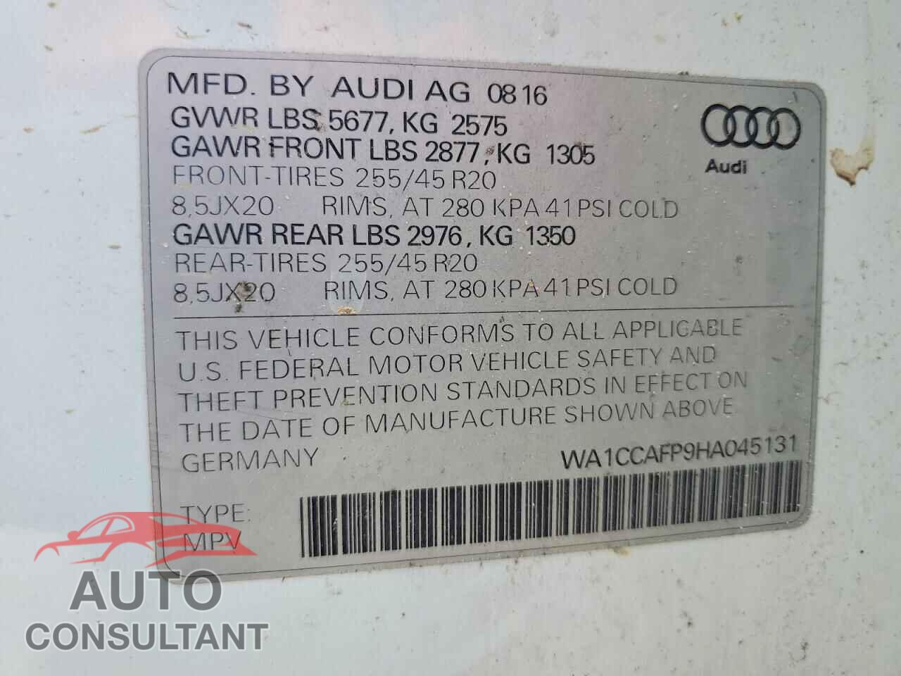 AUDI SQ5 2017 - WA1CCAFP9HA045131