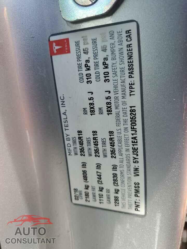 TESLA MODEL 3 2018 - 5YJ3E1EA1JF005281