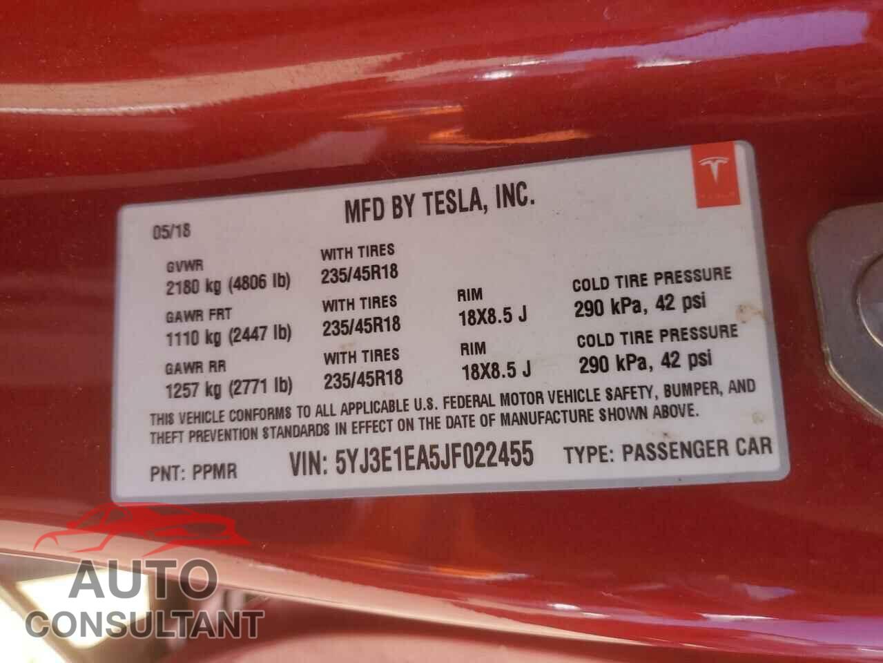 TESLA MODEL 3 2018 - 5YJ3E1EA5JF022455