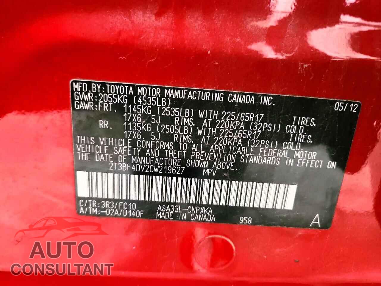 TOYOTA RAV4 2012 - 2T3BF4DV2CW219627