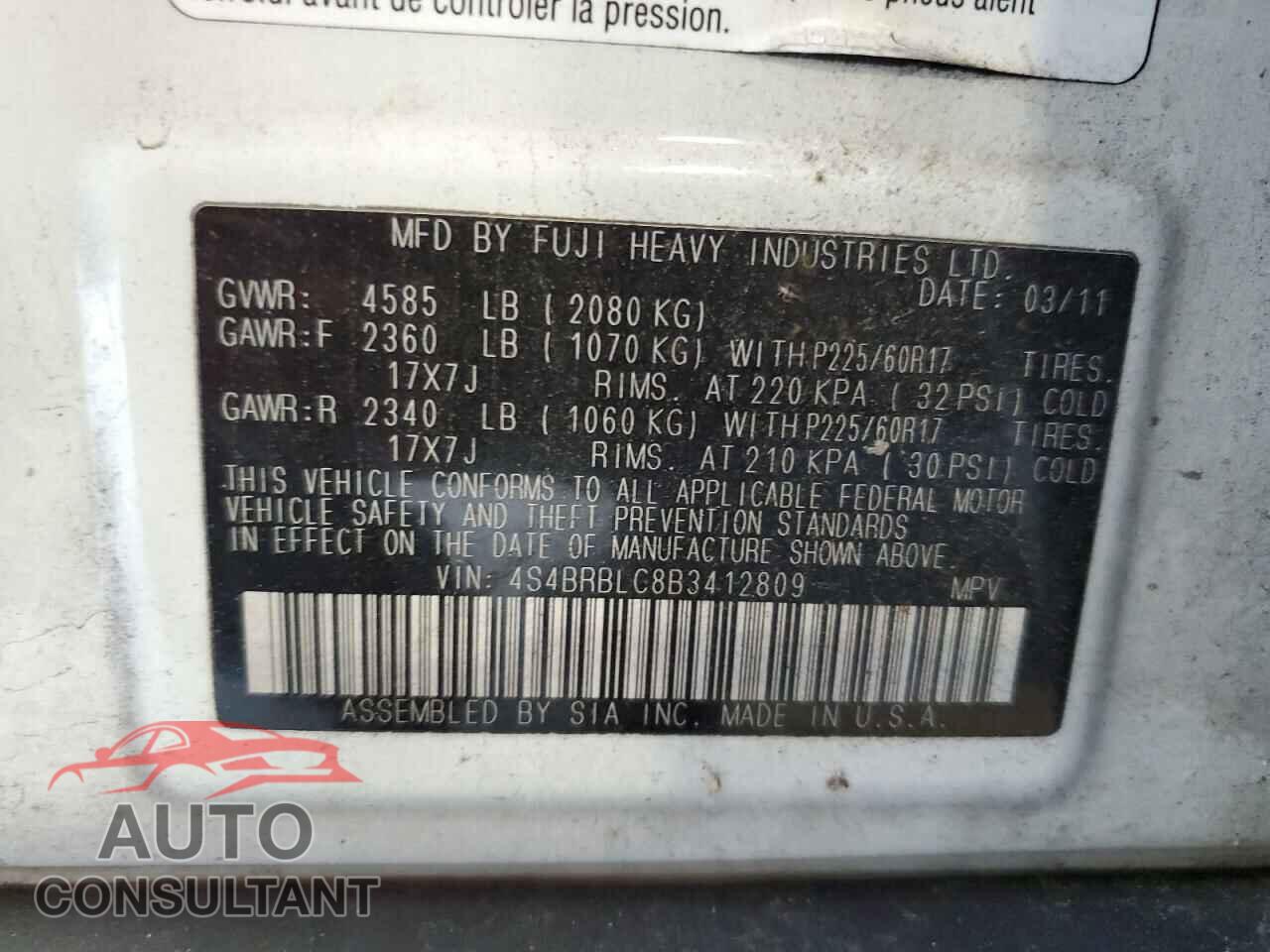 SUBARU OUTBACK 2011 - 4S4BRBLC8B3412809