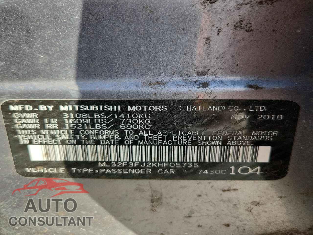 MITSUBISHI MIRAGE 2019 - ML32F3FJ2KHF05735