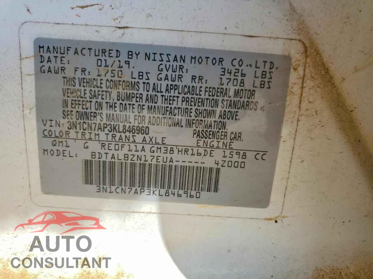 NISSAN VERSA 2019 - 3N1CN7AP3KL846960