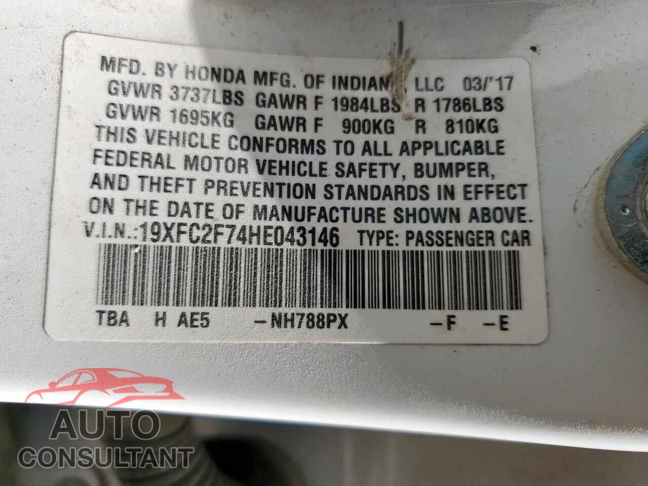 HONDA CIVIC 2017 - 19XFC2F74HE043146