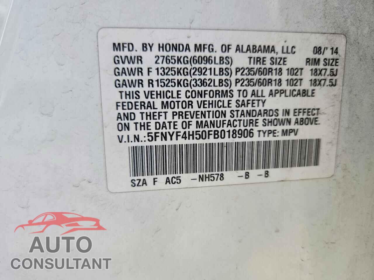 HONDA PILOT 2015 - 5FNYF4H50FB018906