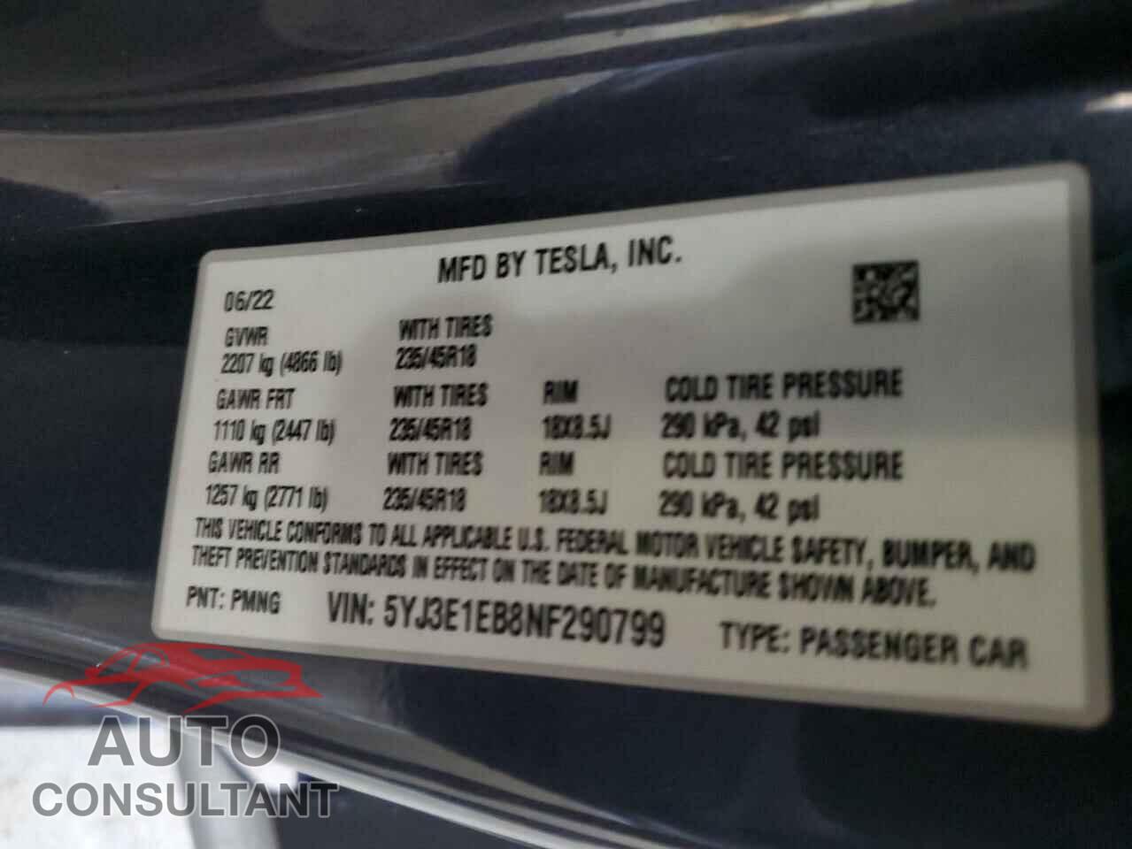 TESLA MODEL 3 2022 - 5YJ3E1EB8NF290799