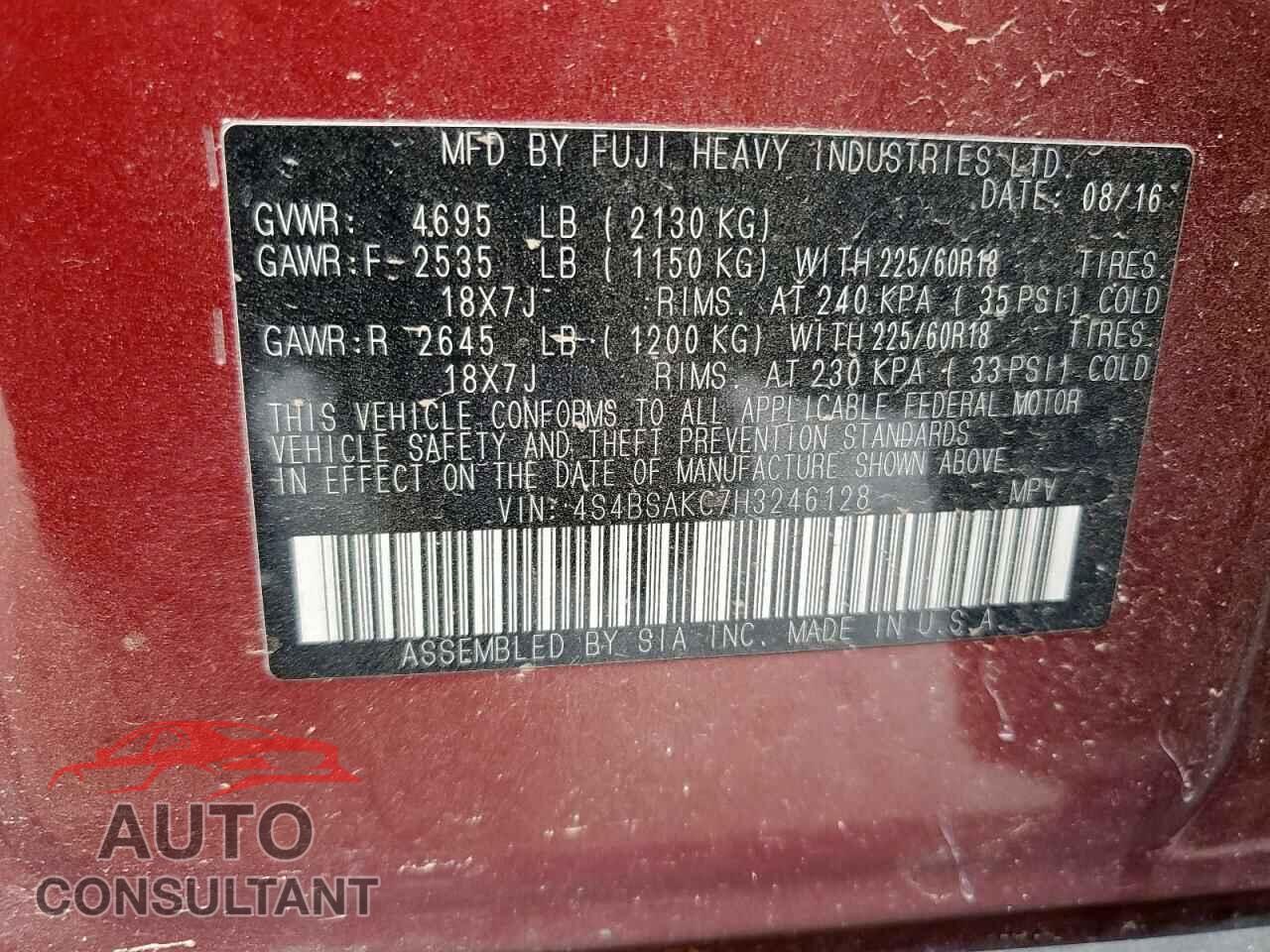 SUBARU OUTBACK 2017 - 4S4BSAKC7H3246128