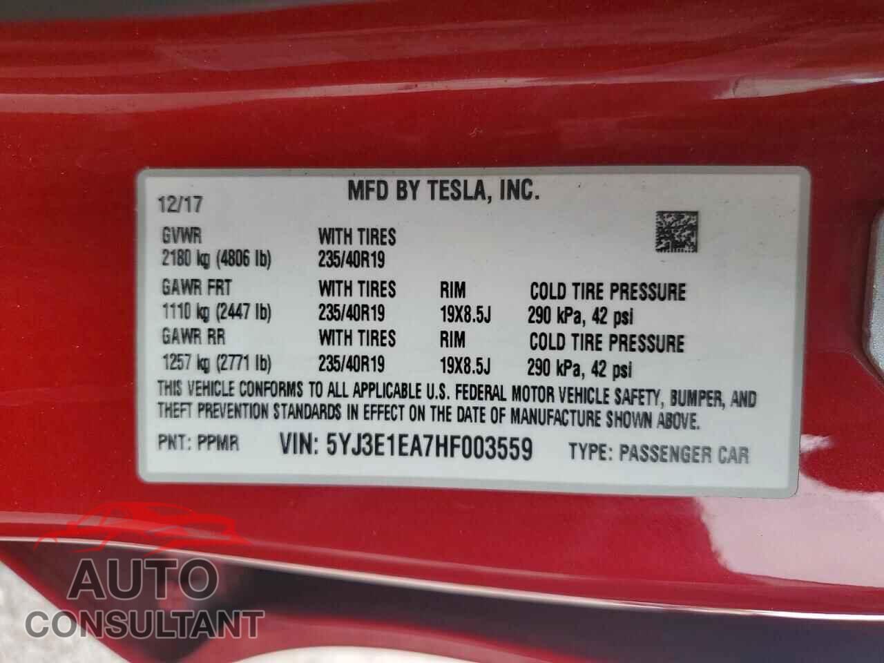 TESLA MODEL 3 2017 - 5YJ3E1EA7HF003559