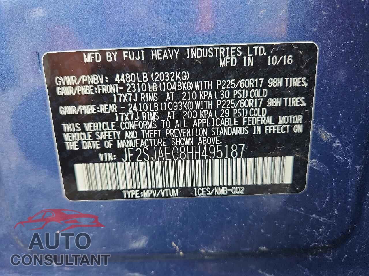 SUBARU FORESTER 2017 - JF2SJAEC8HH495187