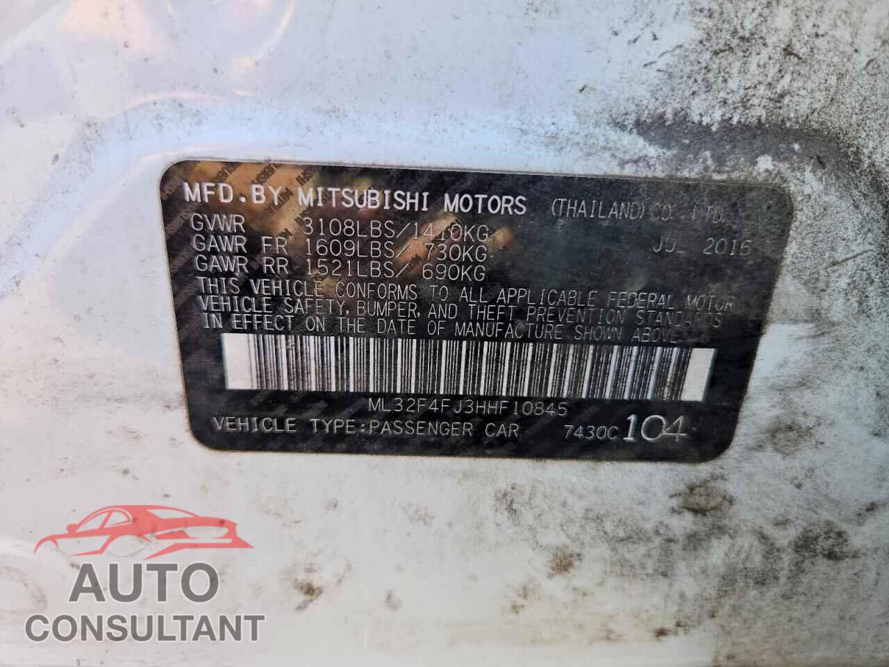 MITSUBISHI MIRAGE 2017 - ML32F4FJ3HHF10845