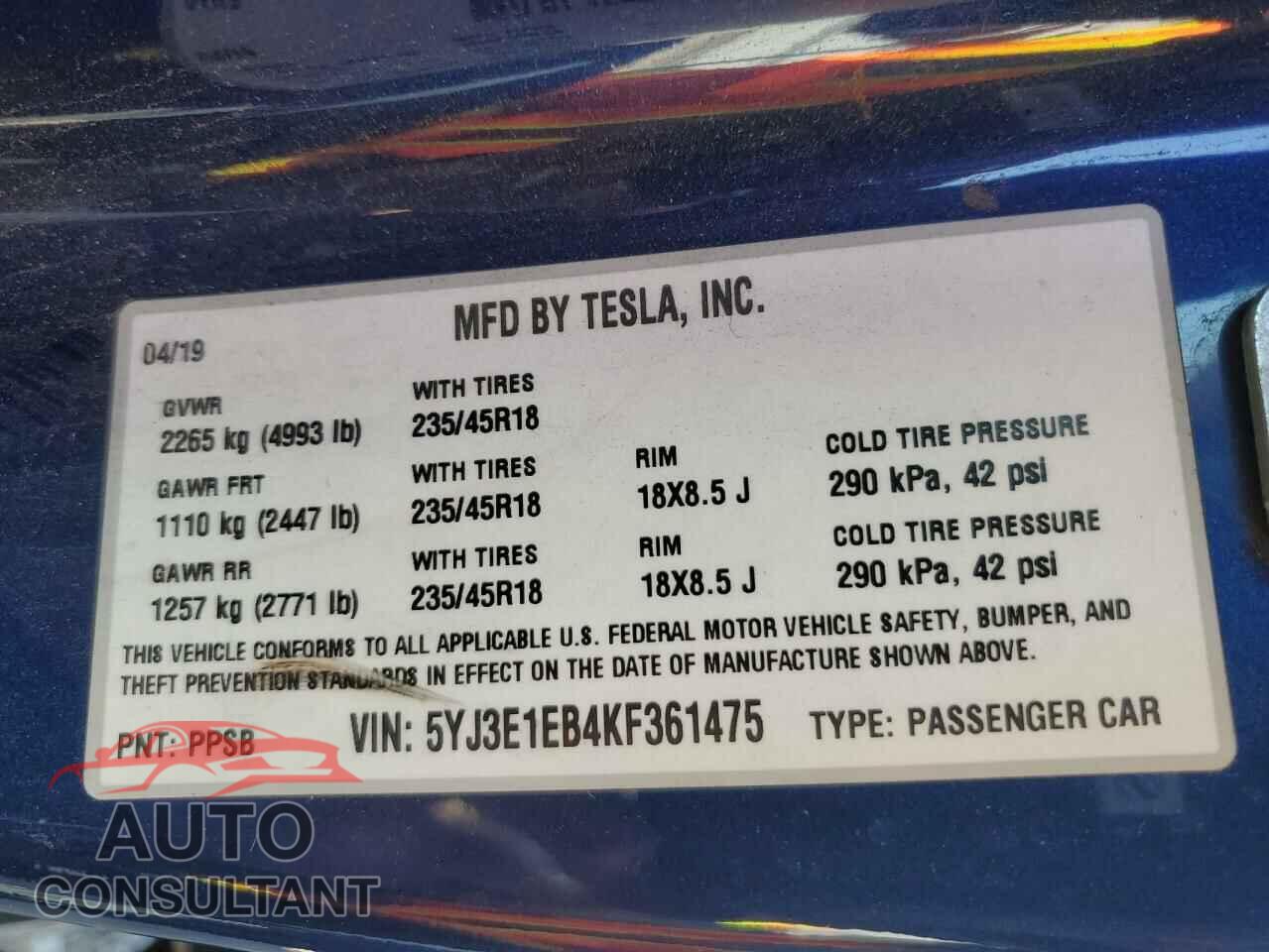TESLA MODEL 3 2019 - 5YJ3E1EB4KF361475