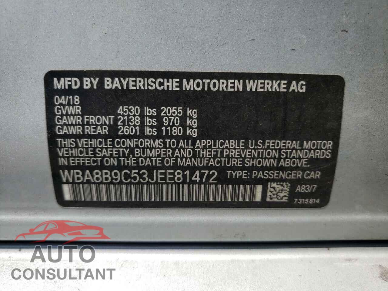BMW 3 SERIES 2018 - WBA8B9C53JEE81472