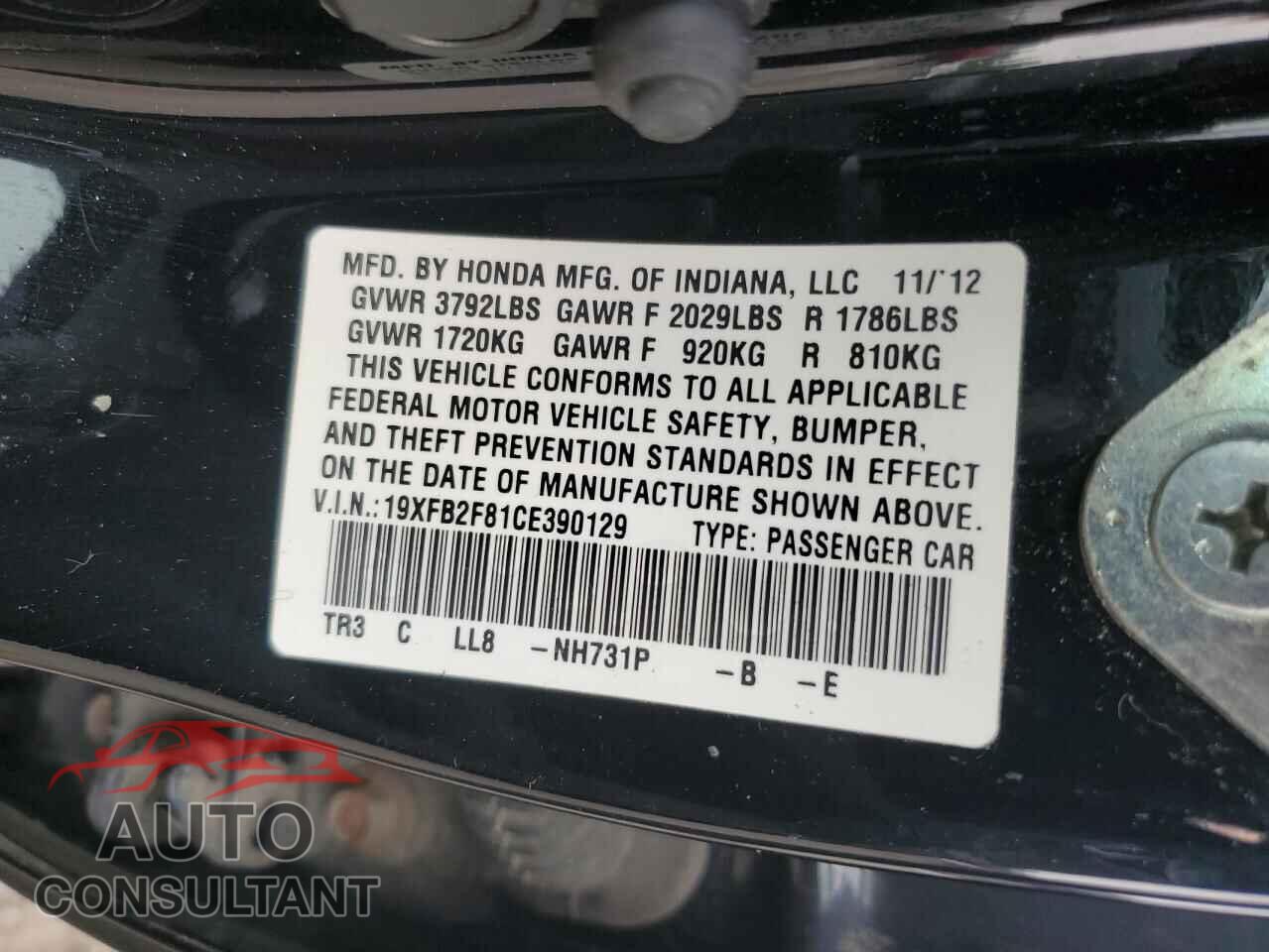 HONDA CIVIC 2012 - 19XFB2F81CE390129
