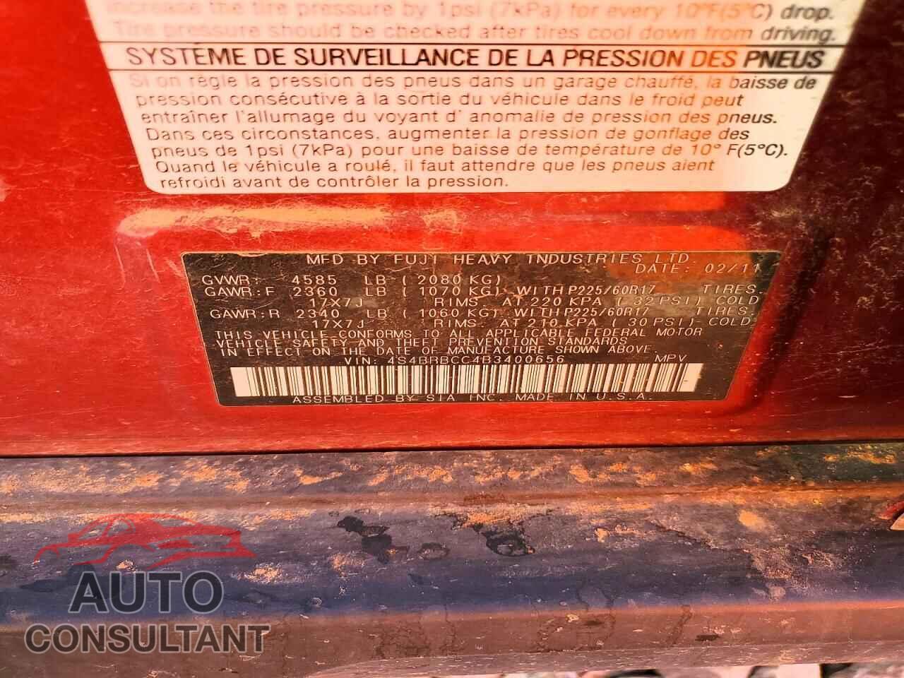 SUBARU OUTBACK 2011 - 4S4BRBCC4B3400656