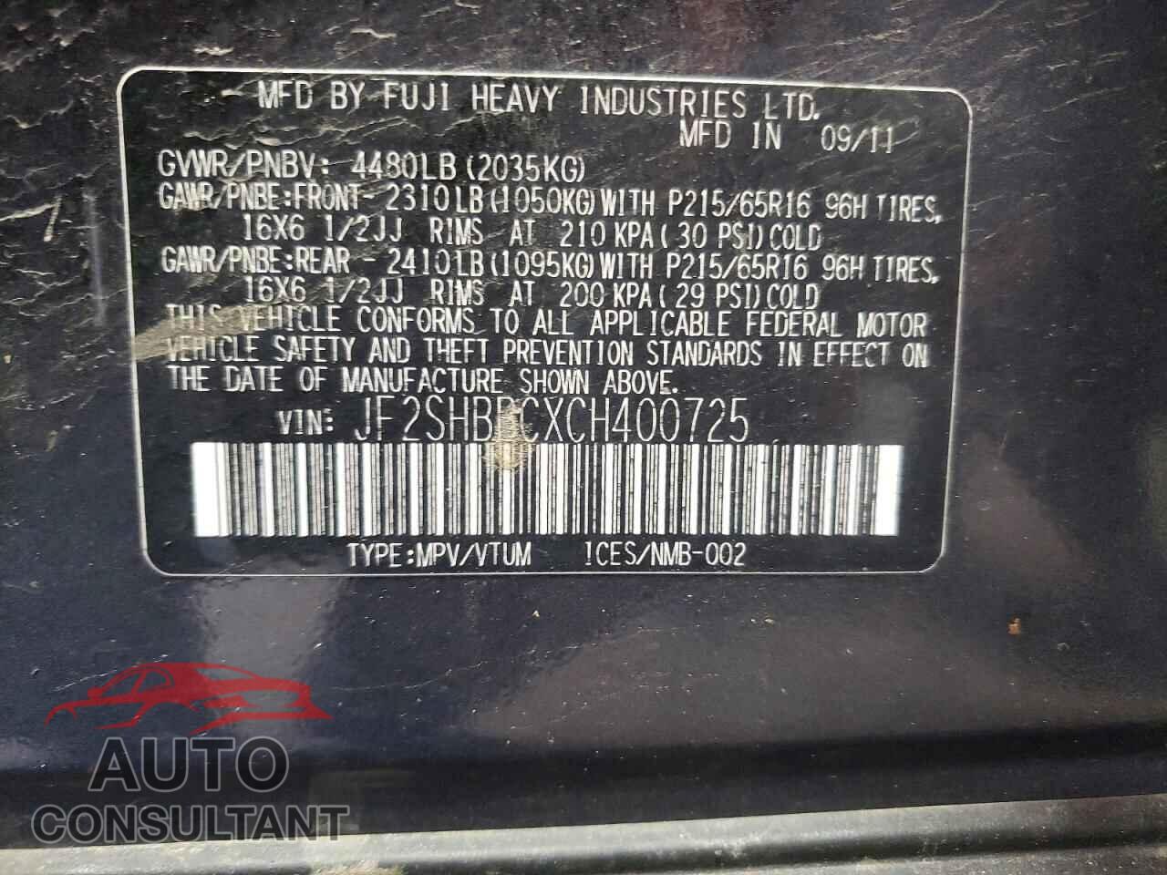 SUBARU FORESTER 2012 - JF2SHBBCXCH400725