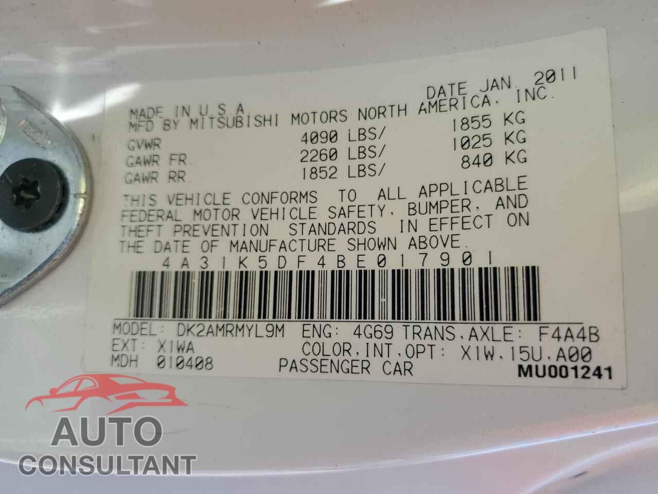 MITSUBISHI ECLIPSE 2011 - 4A31K5DF4BE017901