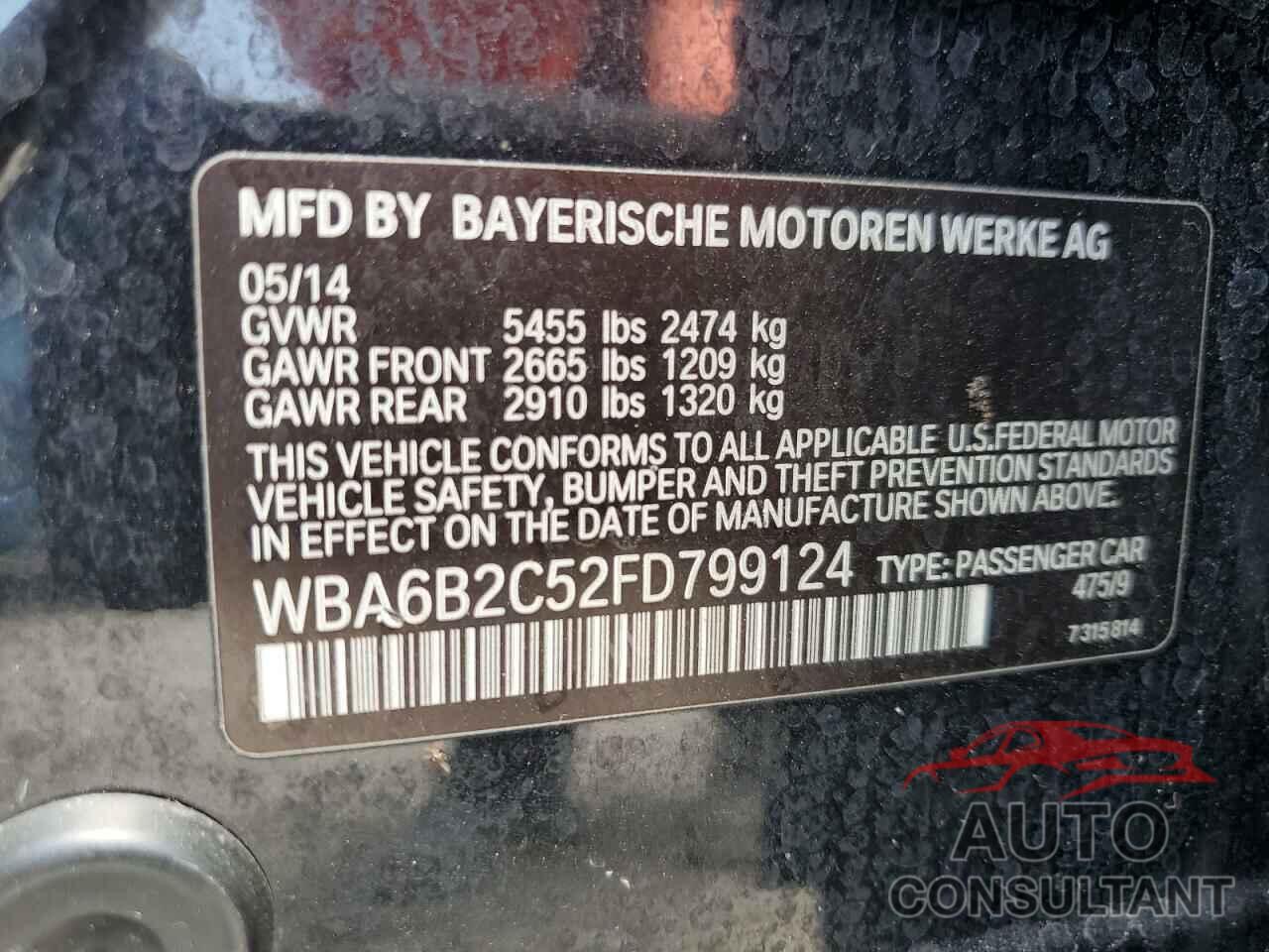 BMW 6 SERIES 2015 - WBA6B2C52FD799124