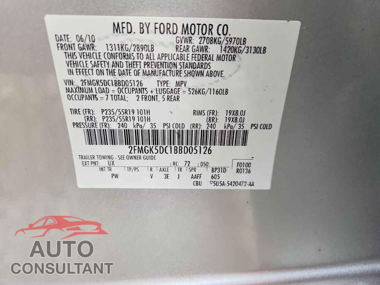 FORD FLEX 2011 - 2FMGK5DC1BBD05126