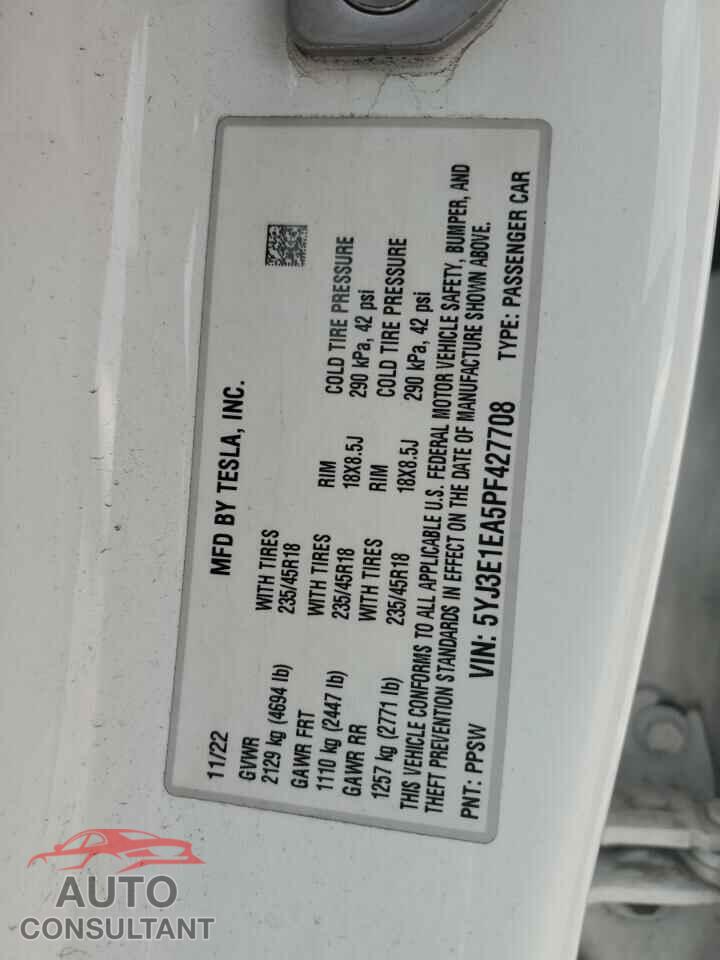 TESLA MODEL 3 2023 - 5YJ3E1EA5PF427708