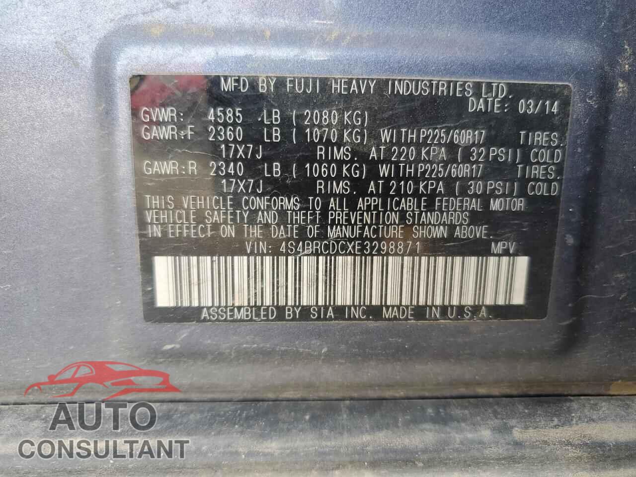 SUBARU OUTBACK 2014 - 4S4BRCDCXE3298871