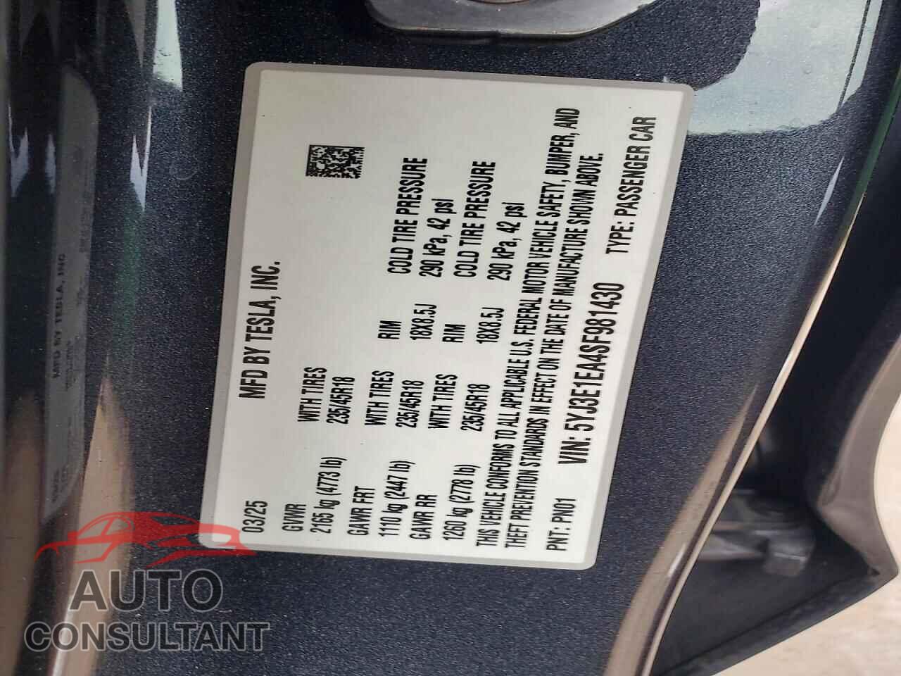 TESLA MODEL 3 2025 - 5YJ3E1EA4SF981430