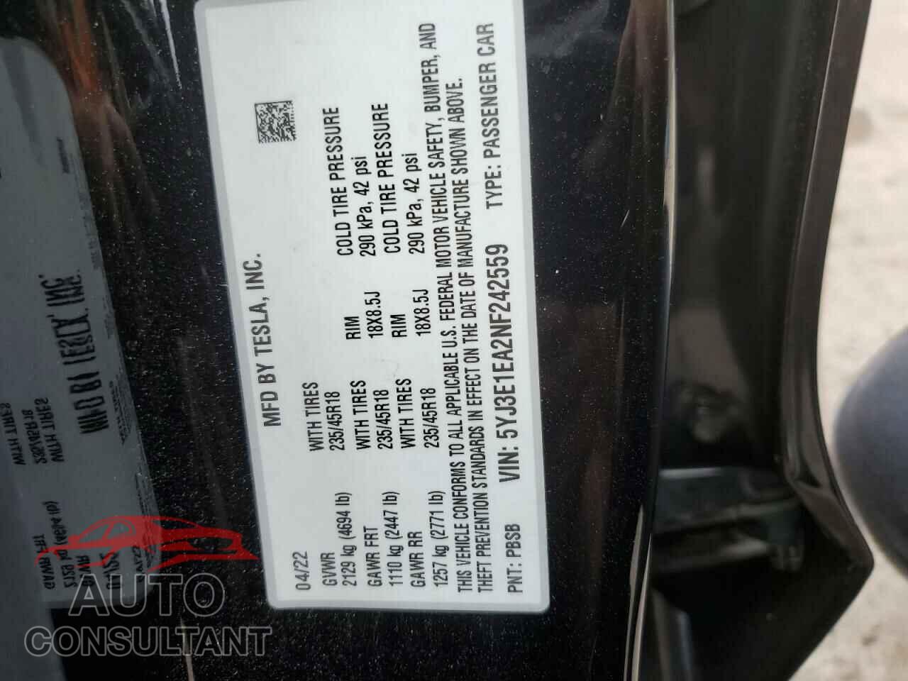 TESLA MODEL 3 2022 - 5YJ3E1EA2NF242559